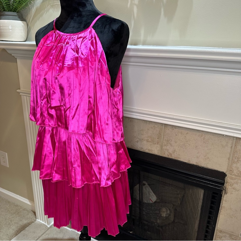 Hot Pink Tiered Pleated Ruffle Mini Dress size Medium Wedding Guest Party Dress - Picture 2 of 6